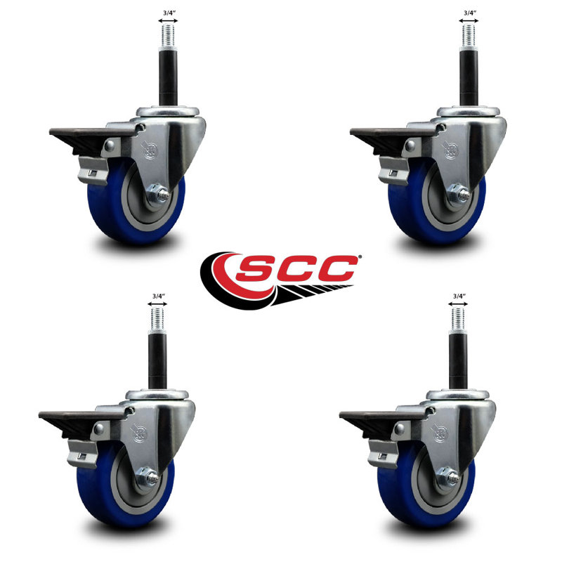 Ensemble de roulettes extensibles en poly pivotant avec frein SCC PLB 3,5 po x 3/4 po, Bleu