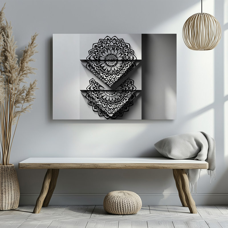 La toile crée un design noir et blanc saisissant avec trois motifs géométriques superposés, chacun avec un art mural sur toile distinct