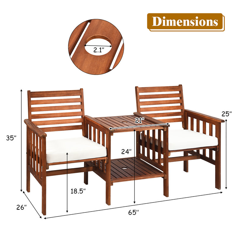 Acacia Wood 2 - Person Patio Conversation Set with Cushions, White