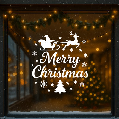 Merry Christmas Wall Sticker – Santa Sleigh Merry Christmas Decal With Reindeer And Christmas Tree – Peel And Stick Vinyl Holiday Decor For Window And Wall AMC-07