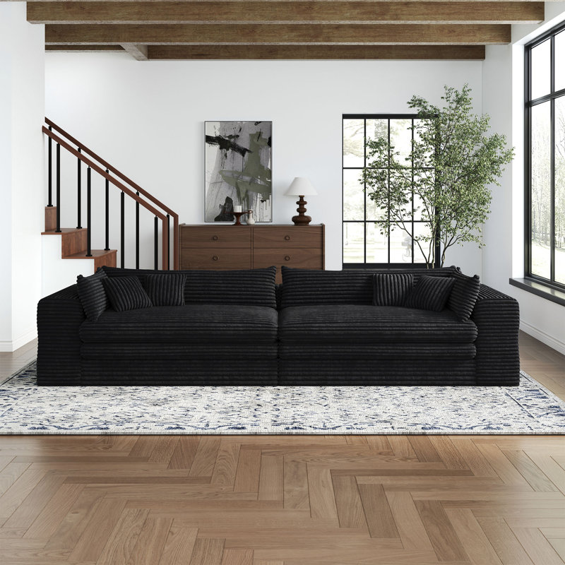 Boneless Upholstered Boneless Plush Corduroy Compression Sofa Sponge Cloud Sofa For Living Room & Lounge Areas, Black