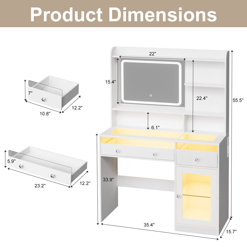 Makeup Vanity with LED Lighted Mirror, 2 Transparent Visible Drawers & Cabinet, Crystal Handle, 3 Open Shelves, for Bedroom & Dressing Room