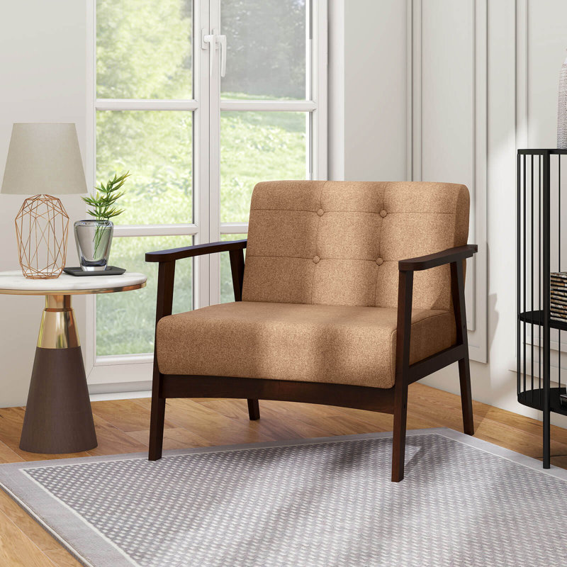 2PCS Fauteuil d'appoint capitonné moderne style Mid-Century avec accoudoirs brun, Lin beige, 2