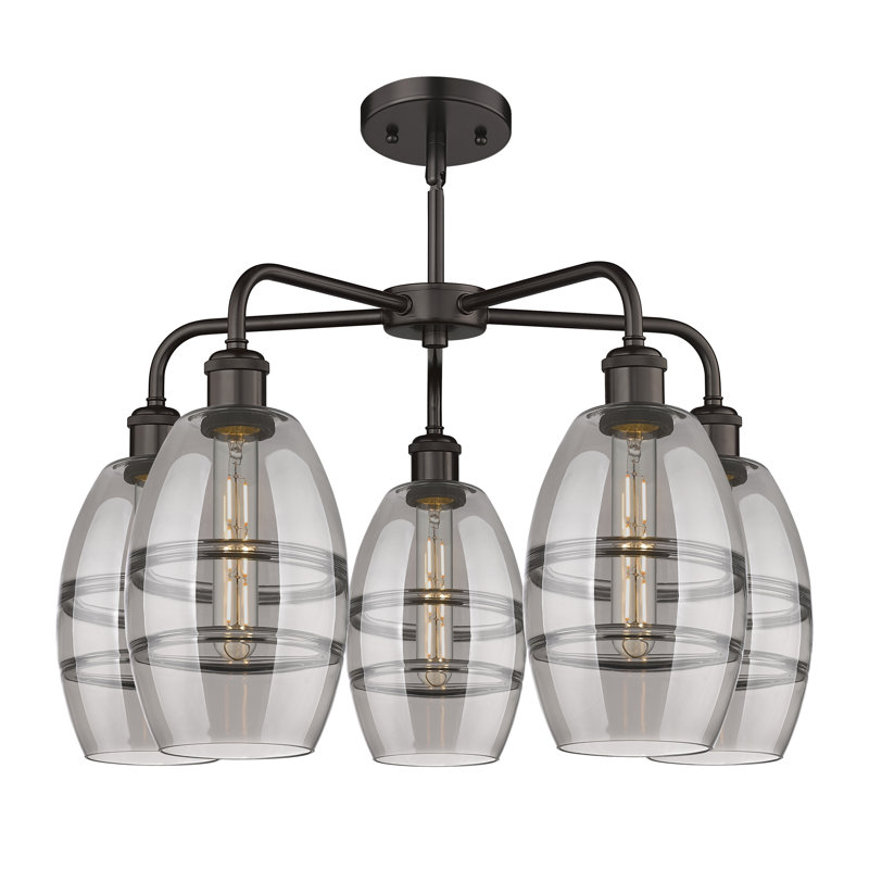 Lustre rond / ovale à abat-jour 5 lumières, H 13,63 po x l 23,88 po x P 23,88 po, Gris fumée clair, Bronze huilé