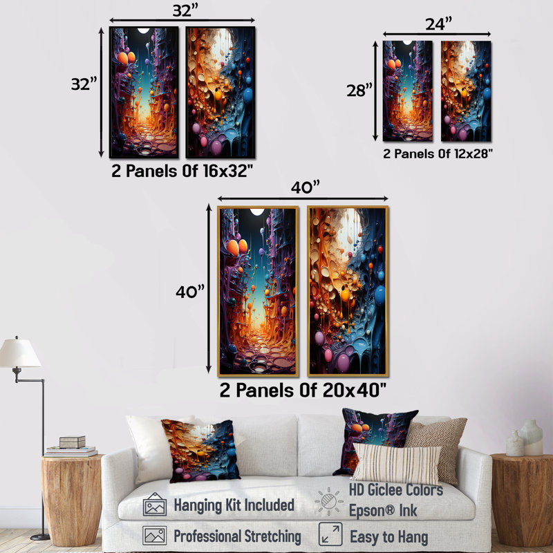 Ensemble de 2 peintures murales sur toile abstraite multicolore surréaliste, Encadrement brun, H 32 po x l 33 po