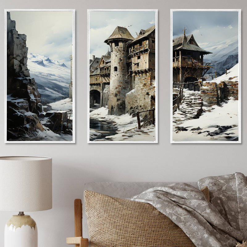 Château médiéval en hiver, charme I - châteaux, art mural, H 28 po x l 36 po, Cadre flottant blanc