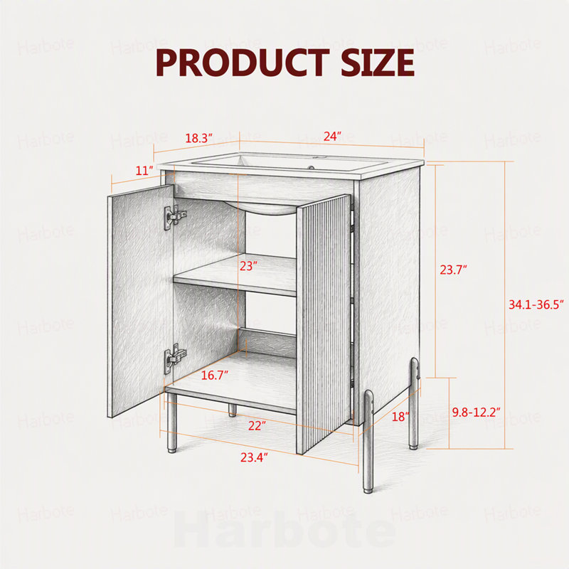Base de meuble-lavabo de 24 po seulement, autoportante ou murale avec portes doubles à fermeture douce et tablette réglable, pieds en aluminium, armoire seulement