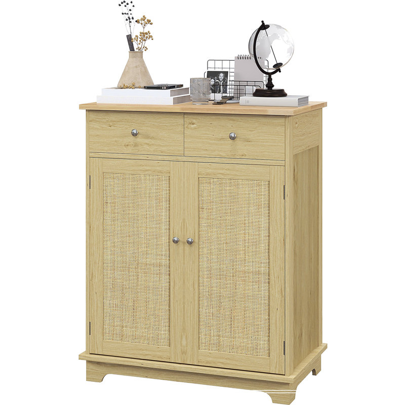 Natural Oak and Rattan Sideboard with Solid Wood Countertop