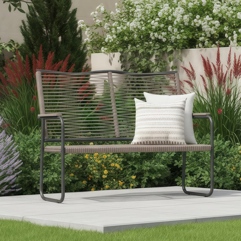 Canapé de patio en corde tissée toutes saisons avec structure en métal et accoudoirs en bois