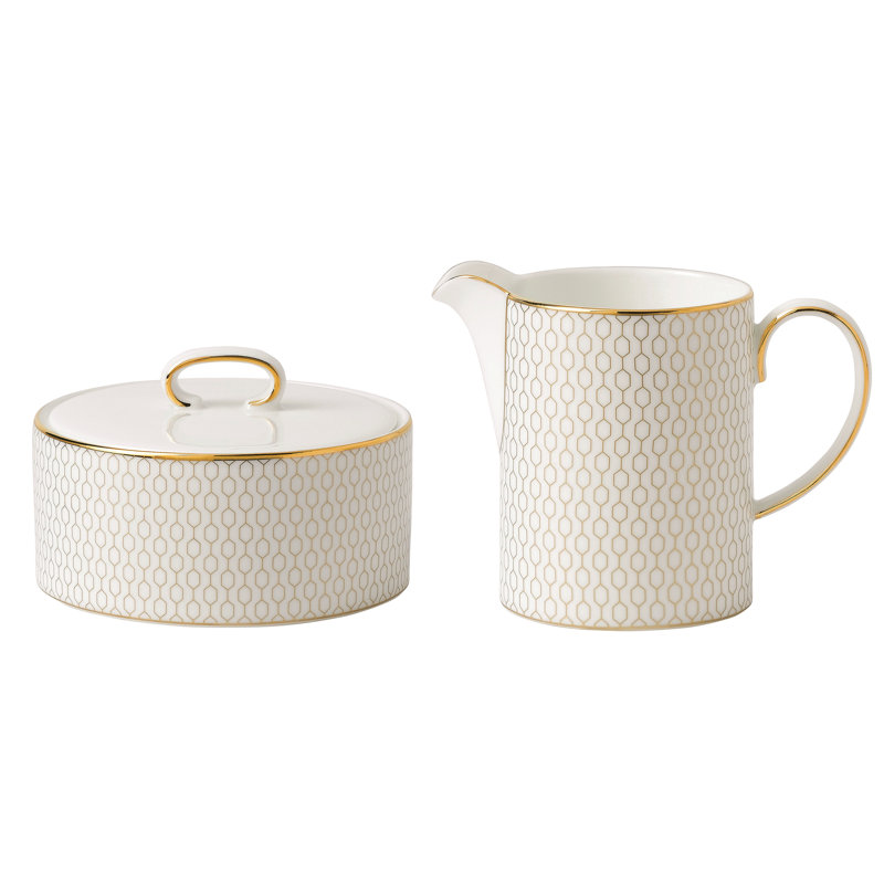 Elegant Gold Geometric Fine Bone China Cream & Sugar Set