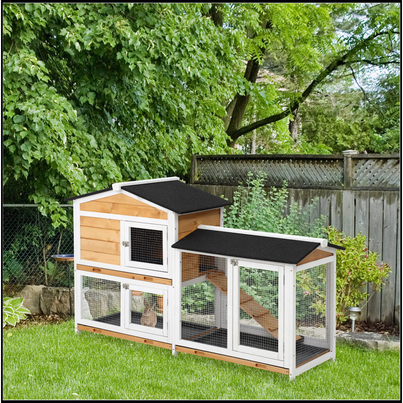 Cage à lapin en bois pour 2 étages avec rampe, plateau sans fuites, toit résistant aux intempéries et à l'extérieur, intérieur / extérieur, jaune