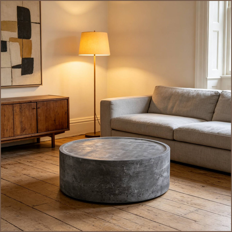 Table basse ronde en bois aggloméré pour le salon, H 12 po x l 31,49 po x P 31,49 po, Gris, Stone