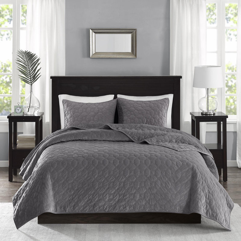 Ensemble de courtepointe en velours 3 pièces, Gris, Courtepointe double et 2 taies décoratives standa