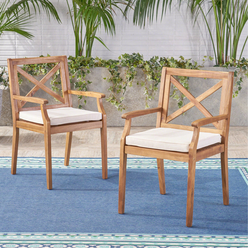 Chaise de salle à manger, 2 pièces avec 2 coussins crème, pour la cour, la piscine et le jardin, Crème
