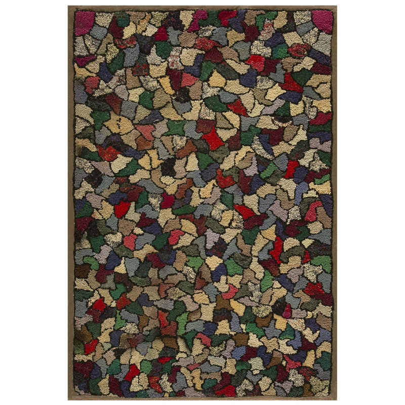 Colorful Antique Square American Folk Art Crazy Quilt Pattern Hooked Rug
