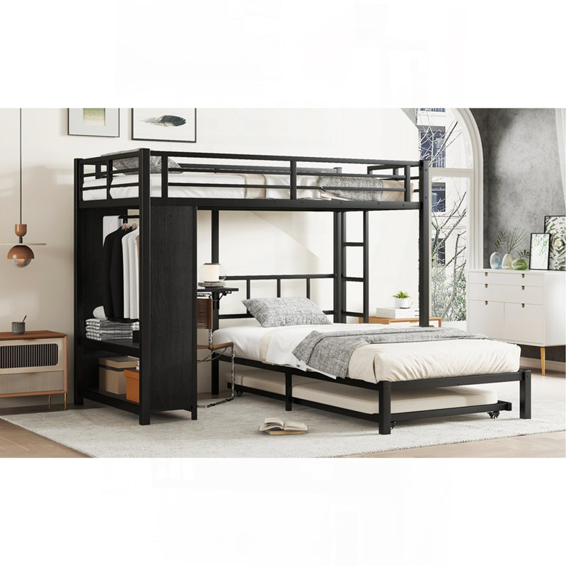 Twin Over Twin Bunk Bed With Built-In Wardrobe, Metal Bunk Bed With Trundle, Foldable Desk, Ladders, Noise-Reduced Design, Black
