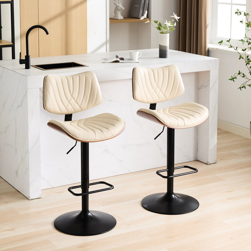 Tabourets de bar à hauteur ajustable, noyer et similicuir, pivotant sur 360 °, base stable, beige, de 2 pour îlot de cuisine / comptoir rotatif, cuisine / salle à manger / café