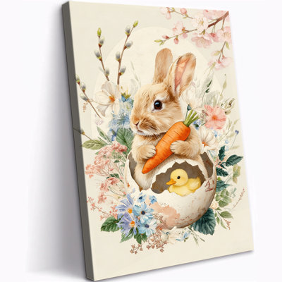 Easter Bunny and Chick in Floral Egg Canvas Wall Art, Spring Rabbit Picture Prints, Pastel Animal Wall Decor Poster for Christian Home, Ready to Hang Canvas Art Painting, 12×18 Inches