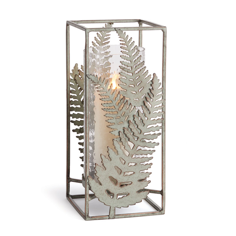 Verdigris Iron Fern Hurricane Lantern Large with Hammered Glass, 14.5" H x 7" W x 7" D