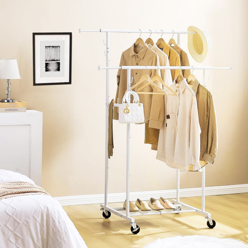 White Double Rod Metal Garment Rack with Wheels and Shelves, 64.2in