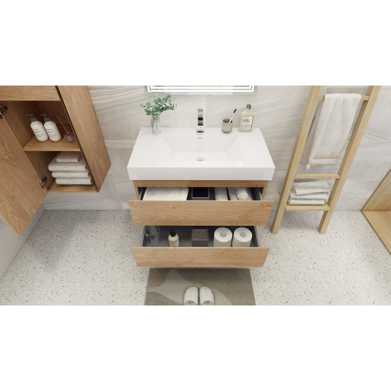 Carneshia 35.4'' Single Bathroom Vanity with Wood, Acrylic Top, New England Oak