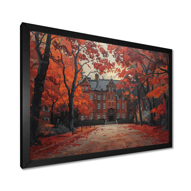 Impression d'art mural «Brown Red University Hall In Autumn II - College & University Buildings», Cadre photo noir simple