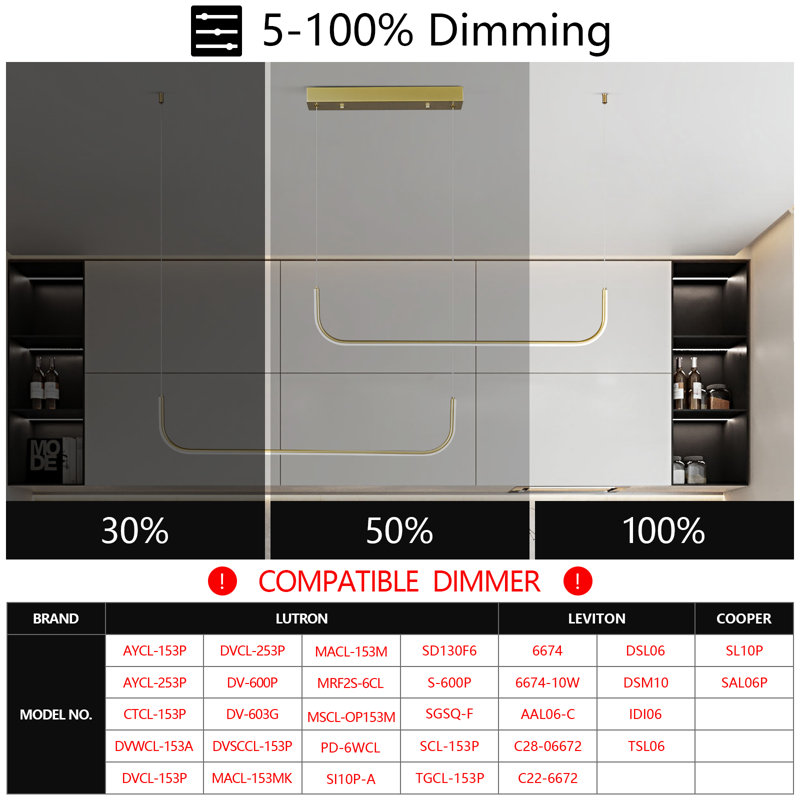 Modern Dimmable LED Chandelier Linear Chandeliers for Living Room Dining Room Kitchen Island(2-Light), Gold