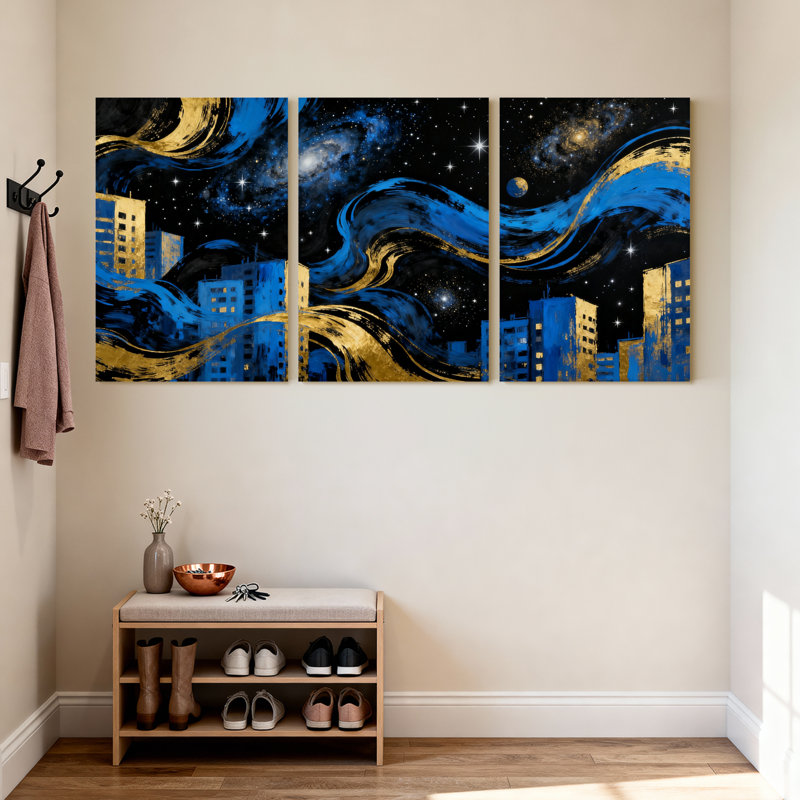 Villes et pays vagues cosmiques paysage urbain nuit ciel étoiles reflets or bleu ensemble de 3 impressions sur toile