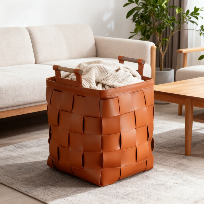 Premium Woven Leather Storage Basket - Durable & Water-Resistant Laundry Hamper For Bathroom, Hotel Or Living Room - Easy To Clean Multi-Purpose Organizer With Handles