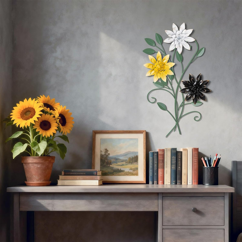 Ensemble de décoration murale rustique en métal avec 6 fleurs interchangeables - fer suspendu moderne pour le salon, la chambre à coucher, la cuisine, le bureau, cadeau d'anniversaire unique