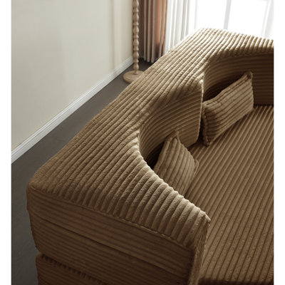 Modern Floor Sofa With 2 Pillows,Convertible Plush Corduroy Foam-Filled Sleeper Sofa Bed,15" Full Size Folding Mattress For Living Room,Guest Bed,No Assembly Required,Camel