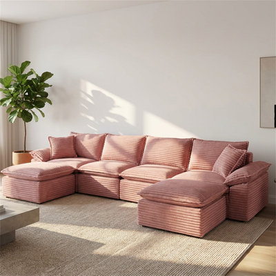 Canapé modulaire surdimensionné en U 144 po avec repose-pieds mobile en velours côtelé 144 po