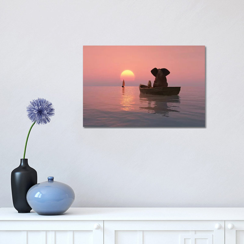 «Elephant and Dog Are Floating in a Boat at Sunset» par Mike Kyivi, reproduction d'impression, H 12 po x l 18 po x 1,5 po