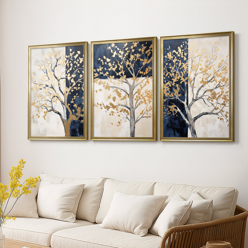 Série LANDSCAPES CCXV - Toile tendue avec châssis sur mesure - 3 pièces, H 19 po x l 45 po, Doré