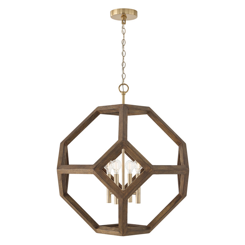 24" W x 28" H 4-Light Geometric Orb Pendant in Matte Brass with Handcrafted Mango Wood in Dark Nordic Stain
