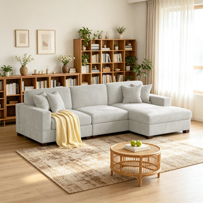 Canapé modulaire rembourré 3 pièces en chenille blanc cassé avec accoudoirs et coussins décoratifs