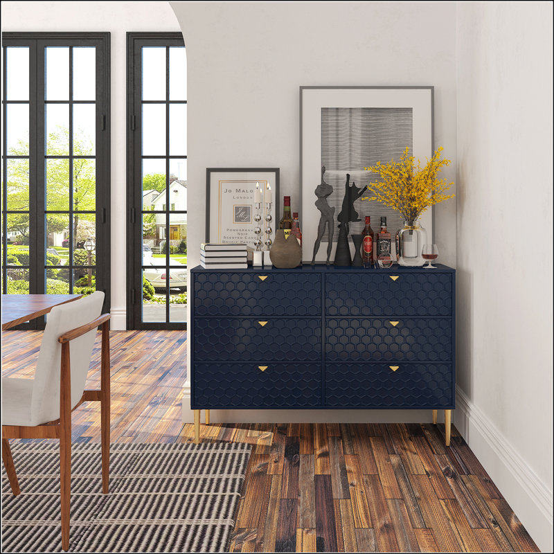 Commode à 6 tiroirs avec motif 3D en nid d'abeille, panneau de fibres à densité moyenne plaqué bois pour la chambre à coucher et le salon