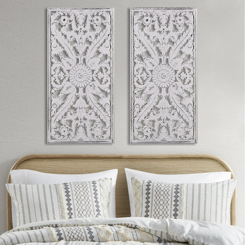 Ensemble de 2 décorations murales en bois sculpté vieilli, Blanc