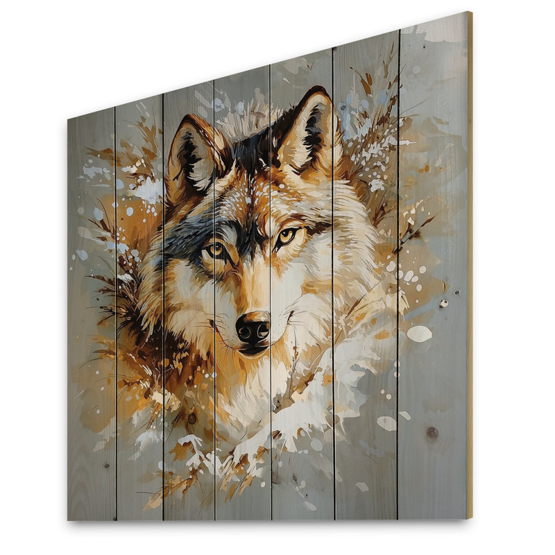 Portrait de loup aquarelle - impression sur bois jaune moderne sur bois de pin naturel, H 15 po x l 15 po