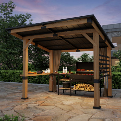 12 Ft. x 10 Ft. Solid Wood Patio Gazebo with Privacy Curtains and Ceiling Hook