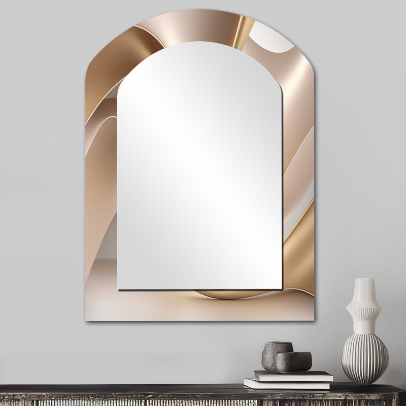 Luscious Liquid Gold In Subdued Pink And Taupe VII - Liquid Ink Arch Mirror, Pink Asymmetrical Unique Wall Mirror, Printed Metal Art