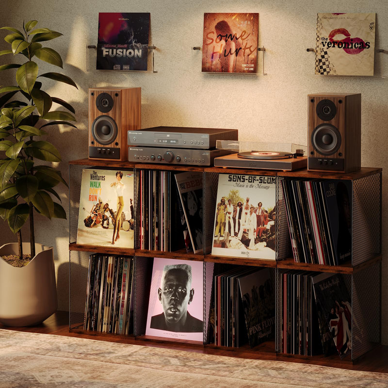 2 Cubes Of Record Holder Shelf Vinyl Record Storage Furniture,DIY Stackable 80-110 Records Visualize Album Storage Box Cube Natural Wooden Organizer