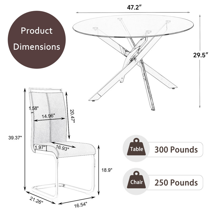 Ensemble de table de salle à manger 5 pièces, table ronde en verre trempé de 42 pouces et 4 chaises de salle à manger rembourrées.