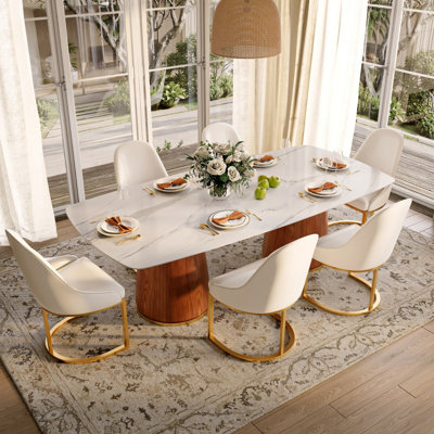 93.7 Modern Rectangular Sintered Stone Dining Table Set With Double Barrel Accent Pedestal