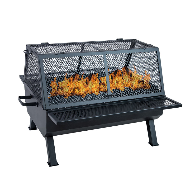 Black Steel Outdoor Fire Pit with Grill and Spark Screen