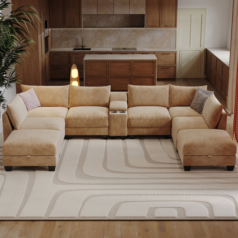  Amold 136.2'' U-Shaped Sectional Sofa, 8-Seater Modular Couch, Comfy Living Room Cloud Sofa With Ottoman And Console
