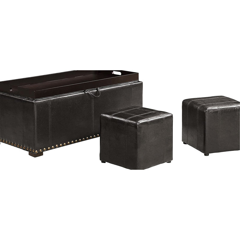 Black Leather Storage Bench With 2 Side Ottomans, Can Convert To Table, Suitable For Living Room, Nail Heads Appearance, 16" H X 39.68" W 40" D Bench, 13" 13.5" Ottomans Convertible Design,