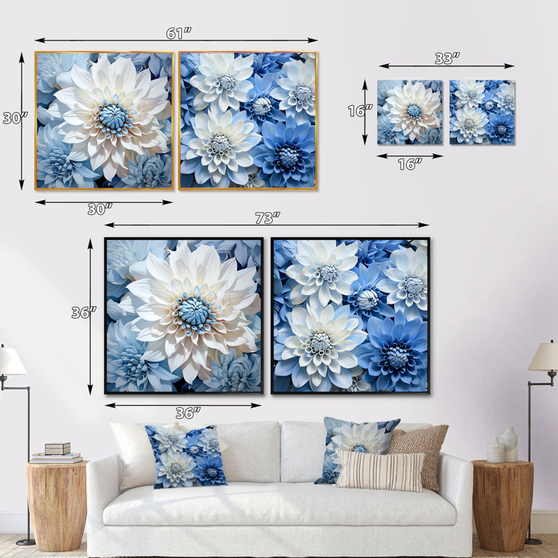 «Dahlia Embrace» blanc et bleu - ensemble de 2 collages carrés Dahlia, Cadre flottant noir, H 30 po x l 61 po