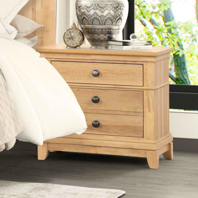 Transitional Contemporary 3 - Drawer Bedside Table With Natural Oak, Rubberwood And Solid Wood, Metal Side Glide, Felt Lined Top, Bedroom Storage Style Nightstand In Made Of Engineered Wood Handles,