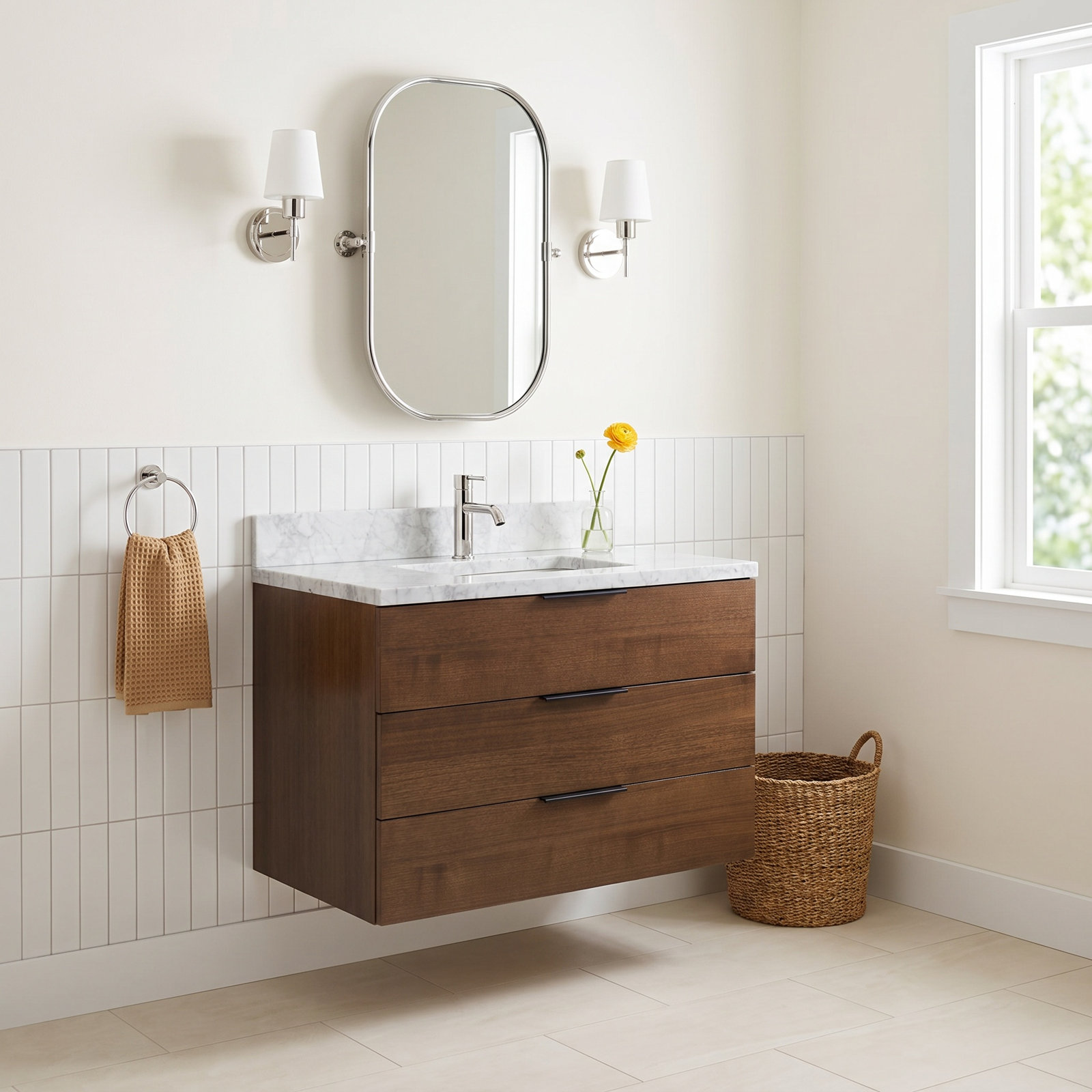 Mitchell 36'' Single Bathroom Vanity, Walnut, Carrara Marble